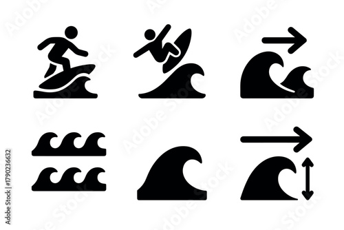 Surfer icons: bold silhouette set of surfing waves and actions