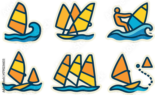 Vibrant wind surfing stickers with bold colors and dynamic designs
