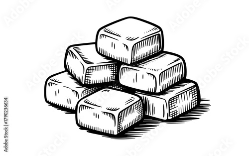 Black and white sketch of stacked tofu cubes in detailed, ideal for vegan food design, cooking, and healthy lifestyle concepts.