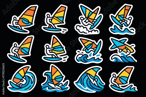 Dynamic windsurfing sticker collection: colorful cartoon characters in action