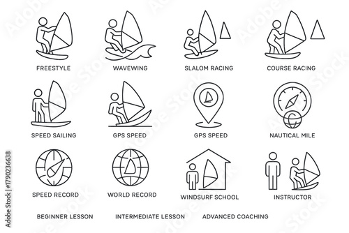 Windsurfing techniques and lessons icon set featuring sailing styles and coaching elements