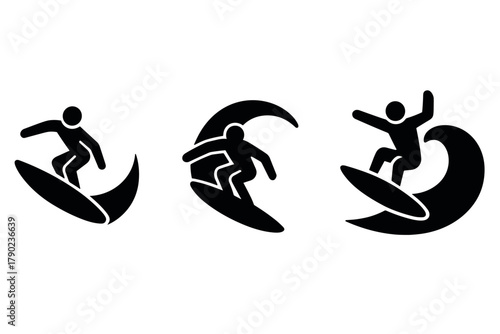 Surfing icons: dynamic silhouette set of surfers on waves