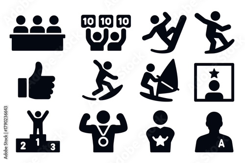 Icon set featuring business, sports, and achievement themes in bold silhouette style