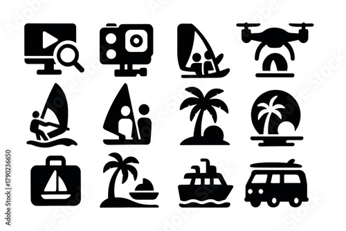 Travel and adventure icons: silhouette style beach, palm, boat, and camera symbols