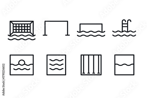 Minimalist line art icons of swimming and water sports elements