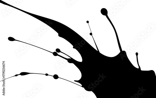 Dynamic black ink splash with elongated droplets spreading, symbolizing creativity, motion, energy, and artistic expression.