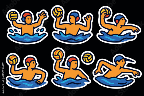 Cartoon water polo players in action poses on dark background