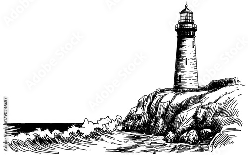 a lighthouse standing on a rocky cliff with waves crashing below, symbolizing guidance, strength, and resilience.
