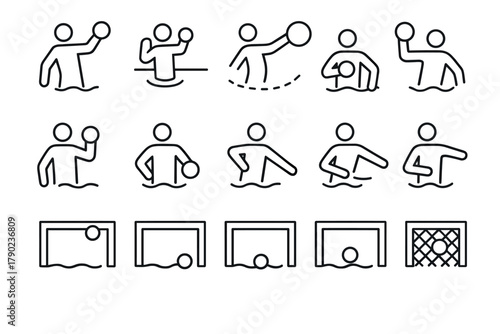 Water polo icons: line art collection of player actions and goal scoring