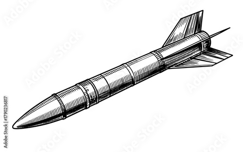 Detailed black and white vintage illustration of a missile or rocket, showing fins and cylindrical body, isolated on transparent background.
