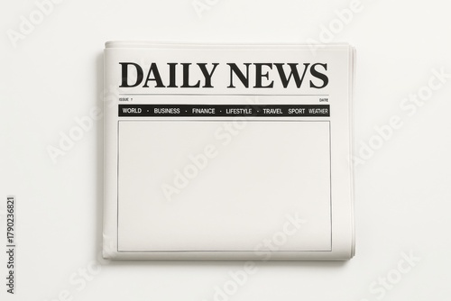 Blank front page of folded daily newspaper with headline and section titles on white background, concept of press, journalism, and media layout design. Ai generative