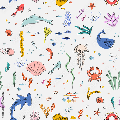 Seamless pattern with inhabitants of seas and oceans, fishes, corals and plants. Marine Theme Textile Design Vector Illustration.
