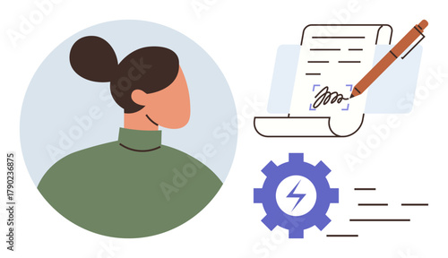 Woman observing contract signing process with signature, pen, gear, and lightning symbol. Ideal for business, workflow, management, automation technology innovation efficiency. Simple flat