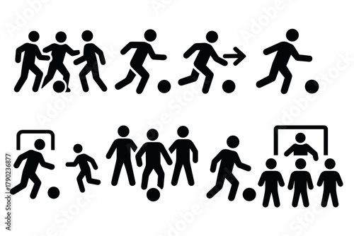 Silhouette soccer icons: players, goals, and team actions in minimalist style