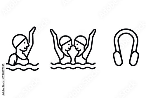 Synchronized swimming line art: simple icon set with swimmers and headphones