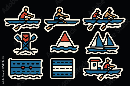 Stylized rowing and sailing icons featuring nautical themes and marine activities