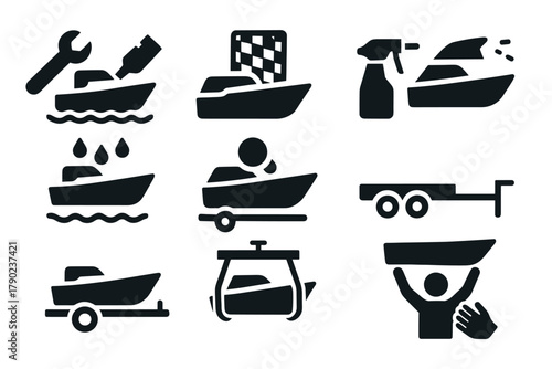 Boat maintenance icons set: silhouette symbols for marine and nautical services