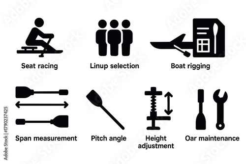 Rowing equipment icons: seat racing, lineup selection, boat rigging, span measurement, pitch angle