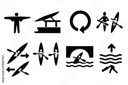 Kayaking adventure icons set featuring silhouette symbols for water sports and recreation