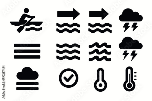 Weather and navigation icon set: minimalist symbol collection for forecasts and nautical themes