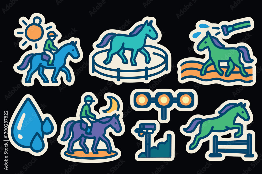Fototapeta premium Equestrian activities icon set in vibrant cartoon style for horse riding enthusiasts