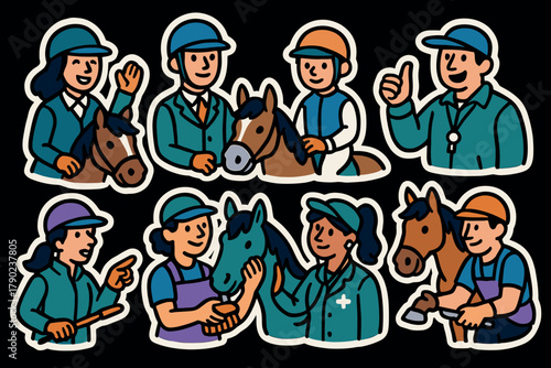 Equestrian activities stickers: riders, horses, and trainers in fun cartoon style