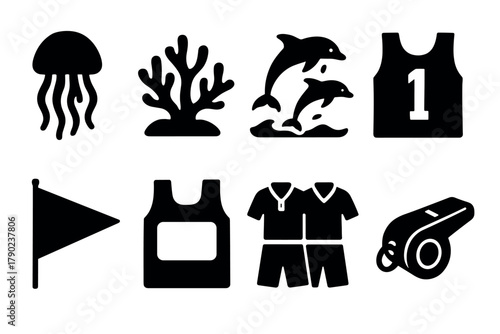 Silhouette icons: marine life and sports gear collection