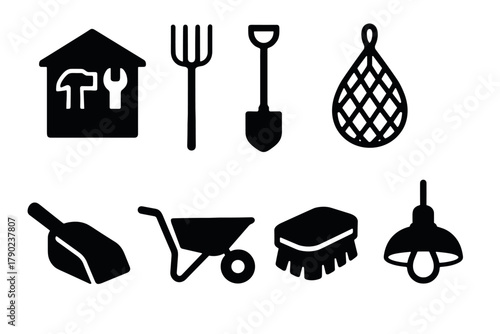Silhouette garden tools and equipment icons for easy identification and use