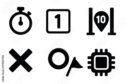Minimalist black silhouette icons set: stopwatch, number, map pin, cross, circle, microchip