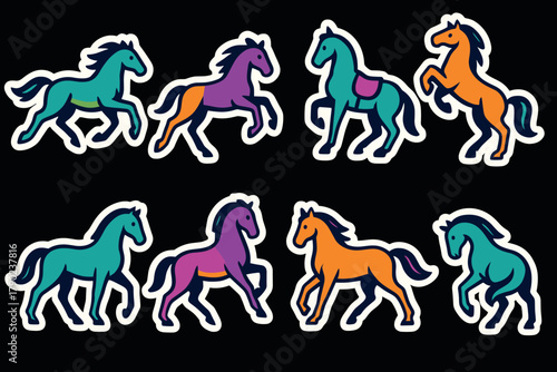 Colorful cartoon horses set on black background in sticker style