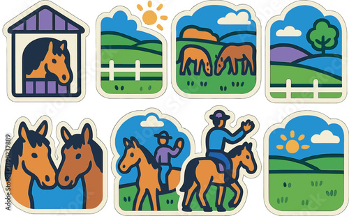 Rustic countryside scenes with horses and riders in colorful cartoons