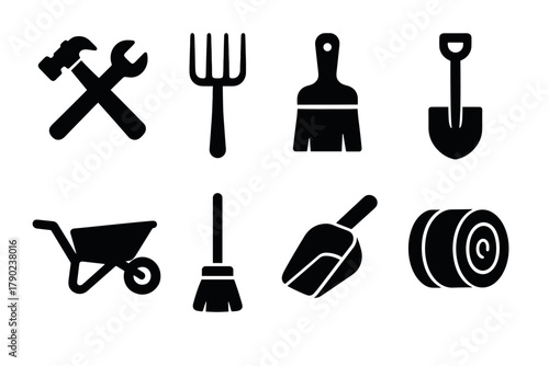 Silhouette icons of gardening tools for landscaping projects and design