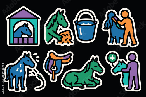Colorful horse care icons set with stable, feeding, grooming, and more activities