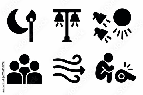 Simple black silhouettes of night and day objects and concepts