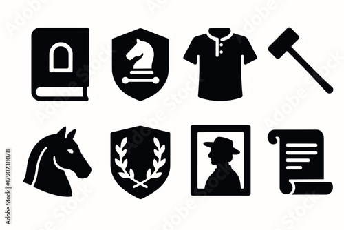 Silhouette icons: chess, clothing, and legal symbols collection