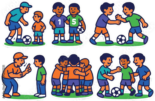 Youth soccer coaching stickers: training, team spirit, and sportsmanship illustrated