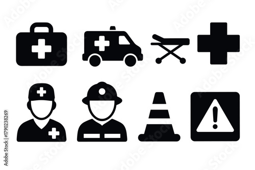 Medical and emergency icon set: ambulance, stretcher, nurse, doctor, safety symbols