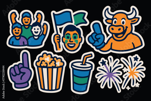 Colorful sticker art celebrating festive events with people, bull and fireworks
