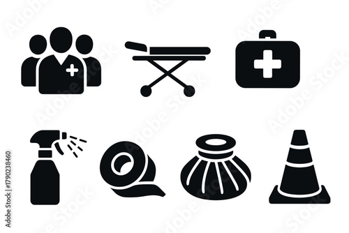 Healthcare icons set: medical staff, first aid, equipment, safety symbols in black silhouette