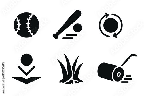 Baseball icons set in minimalist silhouette style featuring equipment and field elements