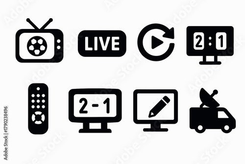 Sports broadcast icons: minimalist symbols for tv, live streaming, and media coverage