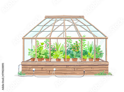 Vibrant illustration of a charming backyard greenhouse, filled with thriving potted plants and herbs, perfect for sustainable home gardening and growing fresh, healthy produce