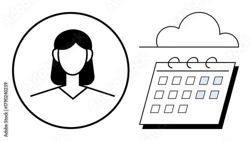 Minimalist design featuring a person profile in a circle, a calendar, and a cloud. Ideal for scheduling, planning, organization, appointments, cloud storage, networking simple flat metaphor