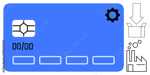 Credit card with chip, settings gear, download arrow, box, charts, and factory icons. Ideal for payment processing, automation, finance digital transactions e-commerce fintech and technology