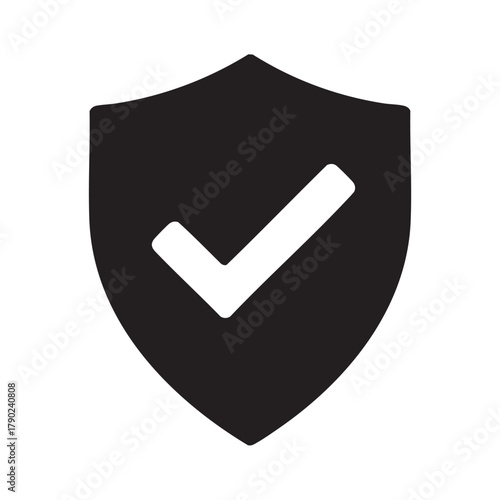 A simple black and white illustration depicts a shield with a prominent white checkmark inside