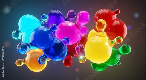 Fototapeta Naklejka Na Ścianę i Meble -  Colorful abstract molecular structures floating in dark space with soft bokeh lights, 3d render