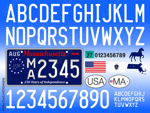 New Massachusetts car license plate blue style, 2026, 250th US commemorative 1776, letters, numbers and symbols, vector illustration, USA