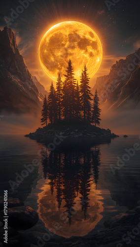 Enigmatic full moon casting intense orange glow over dark coniferous forest island in calm reflective water
