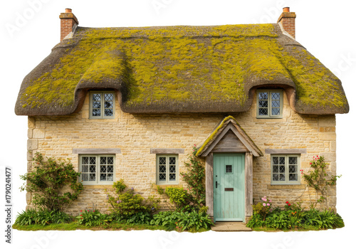 Tableau sur toile Isolated charming English cottage with moss covered thatched roof in the country