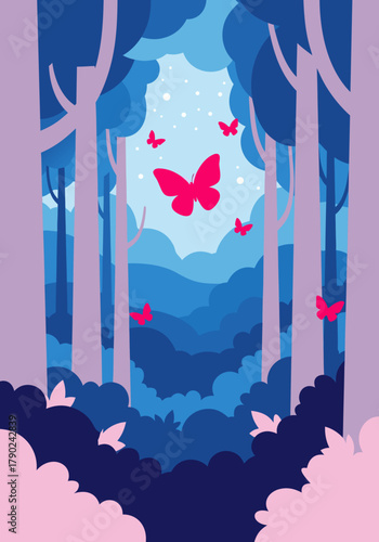 Enchanted Forest Scene with Vibrant Butterflies Illustration